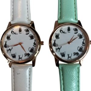 TWO! Cat Print Watches Novelty Kitty Watches | White & Green